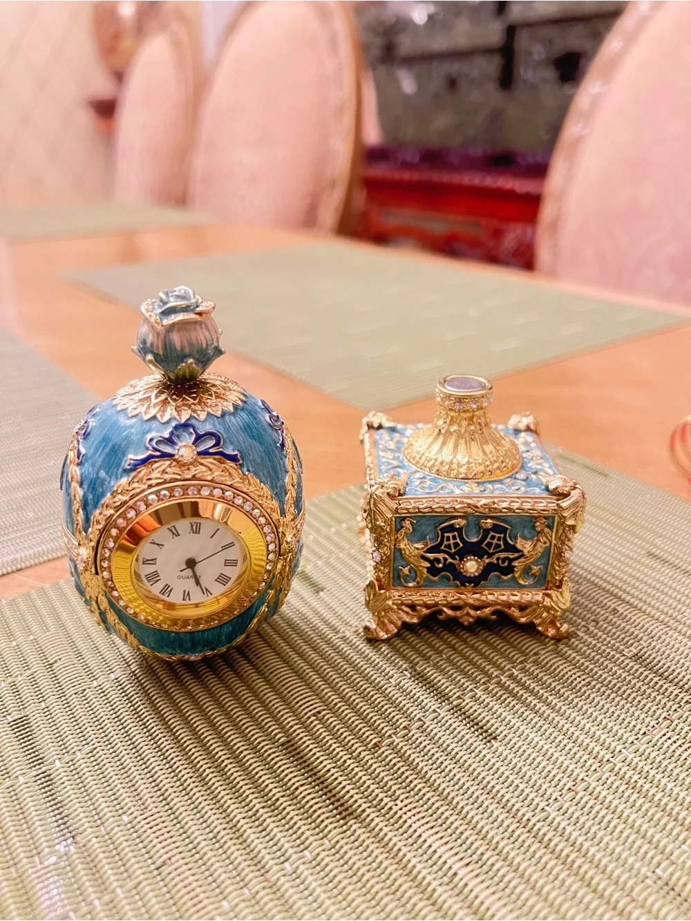 Faberge Blue and Gold Ornamental Egg Clock